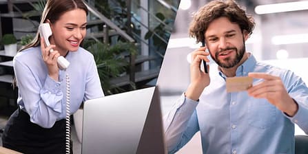 Men and woman using phone and laptop